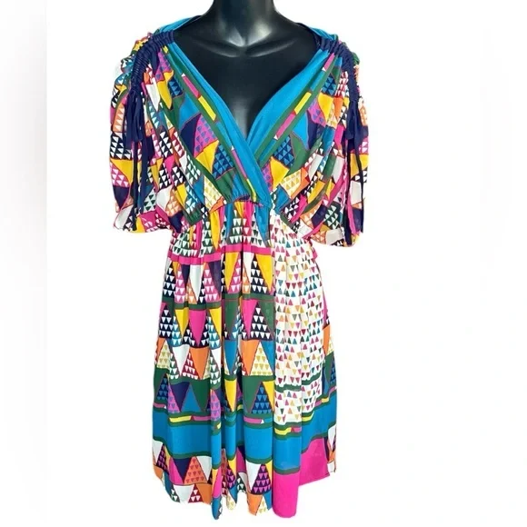 Maeve Anthropologie Semi Sheer Geometric Dress sz 4 V-Neck Cinch Shoulders Blue - Picture 6 of 11